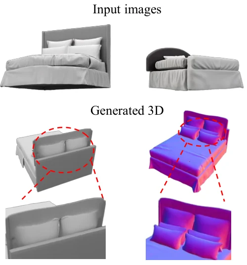 Two input views of a bed produce a generated bed with duplicated pillows and headboard.